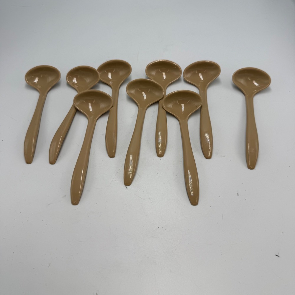 Vintage Tupperware 872-9 Tan Almond Plastic Round Condiment Spoons Set of 9